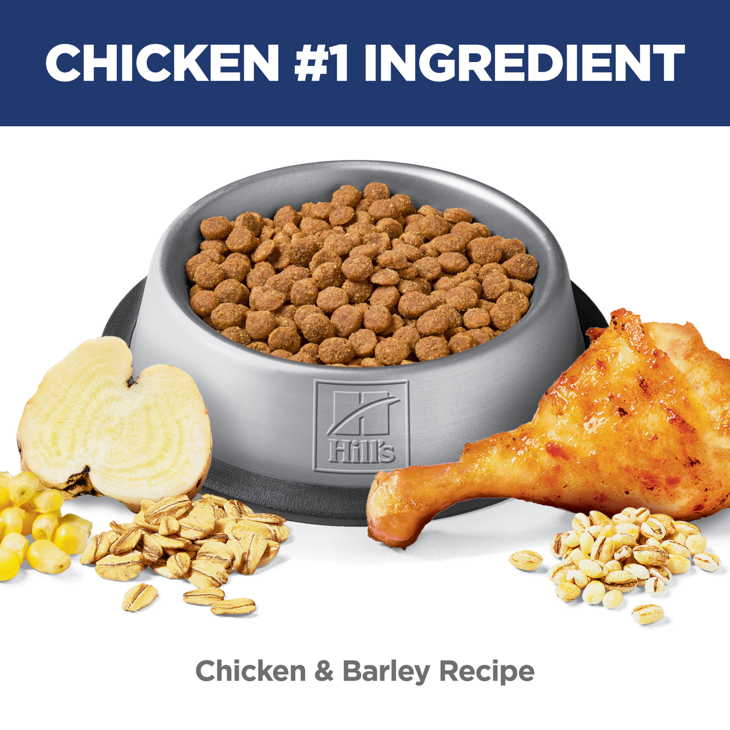 Chicken is the number one ingredient: bowl of Hill's Perfect Digestion kibble with chicken and barley