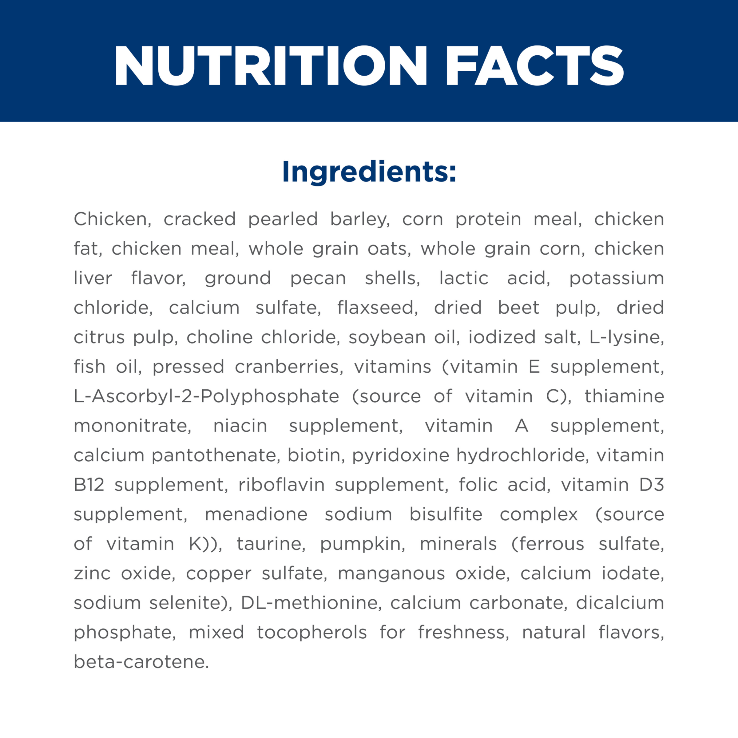 Ingredients panel for Hill's Science Diet Adult Perfect Digestion Chicken and Barley dry cat food