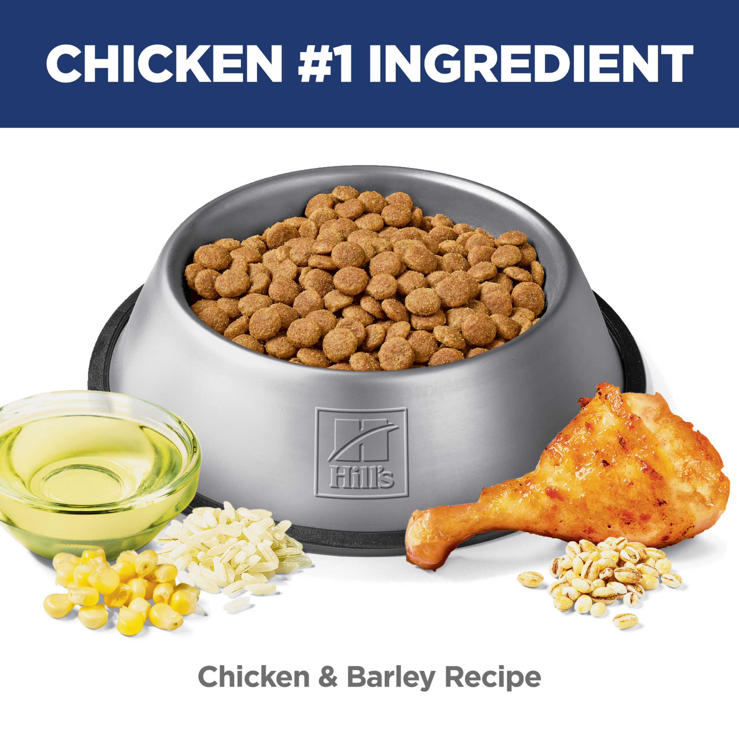 Chicken is the number one ingredient: bowl of Hill's Perfect Digestion dog kibble with chicken and barley