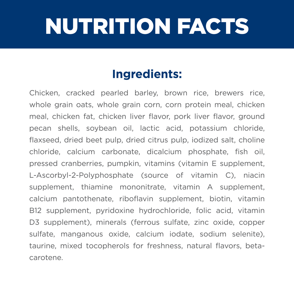 Ingredients panel for Hill's Science Diet Adult Perfect Digestion Chicken and Barley dry dog food
