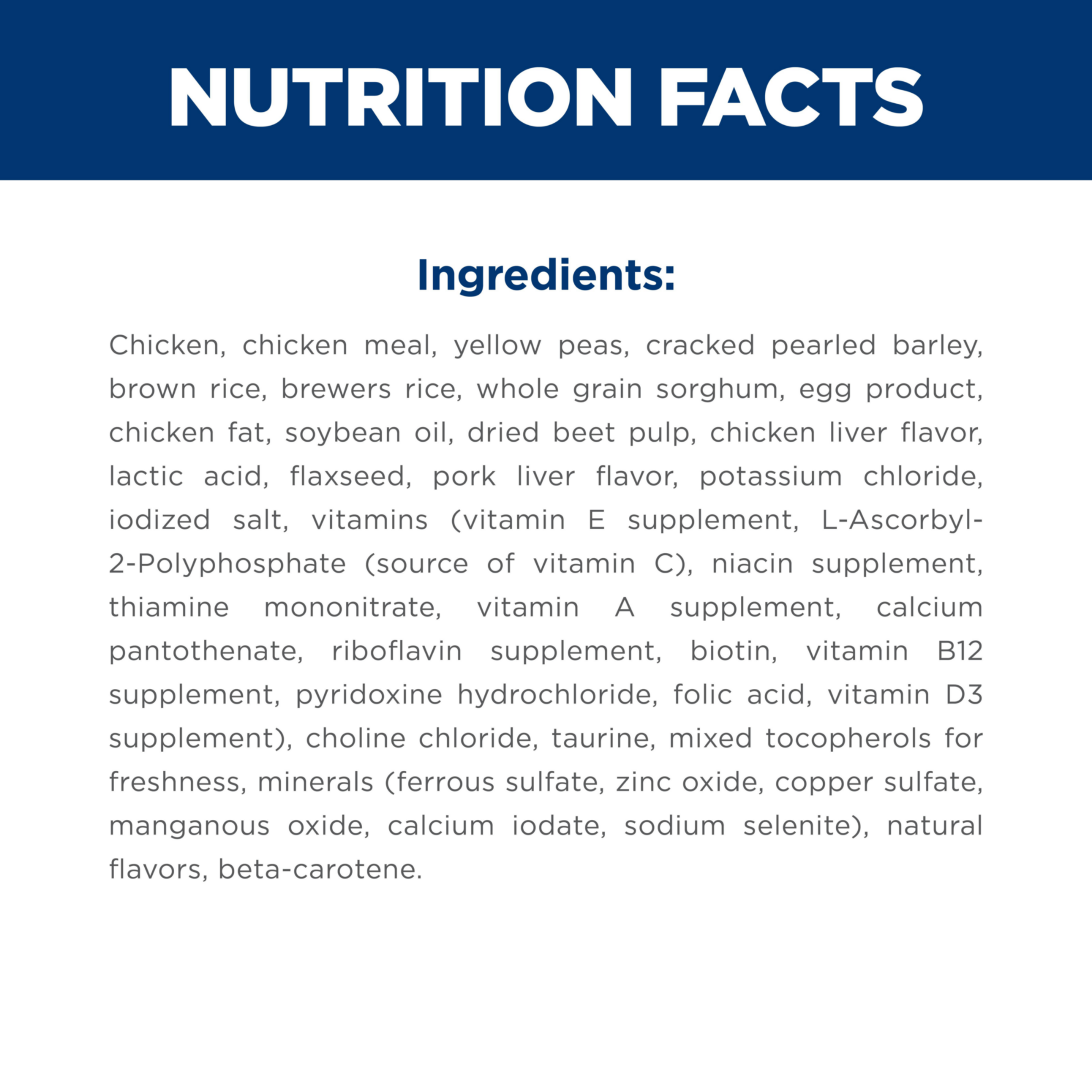 Ingredients panel for Hill's Adult Sensitive Stomach and Skin Large Breed chicken and barley dog food