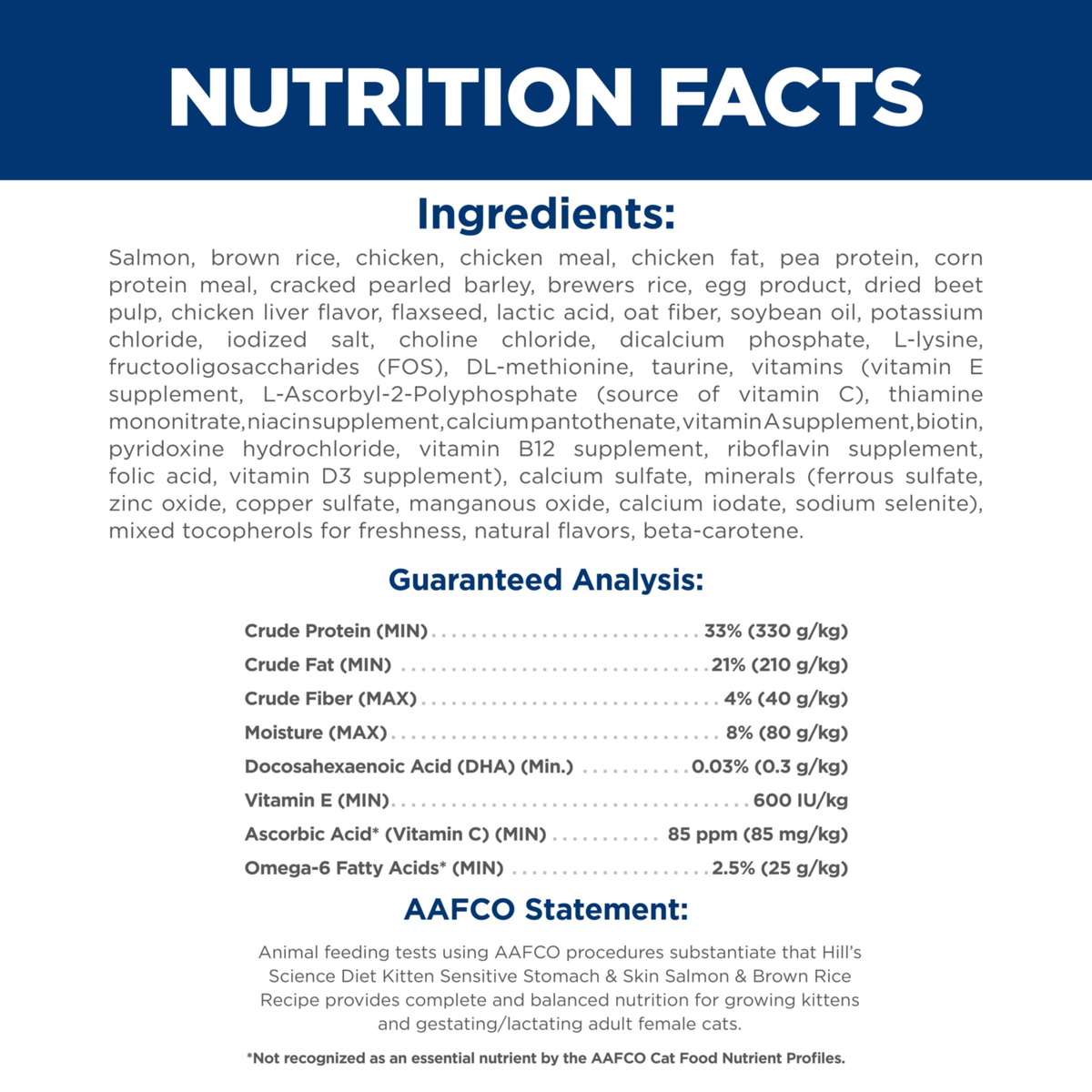 Ingredients and guaranteed analysis for Hill's Kitten Sensitive Stomach and Skin salmon cat food
