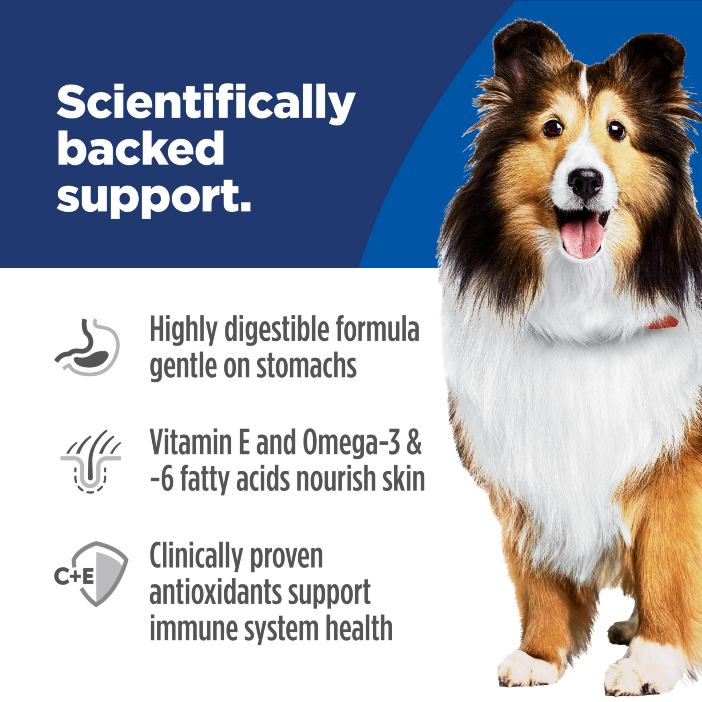 Scientifically backed support: digestible formula, vitamin E and omega fatty acids, antioxidants