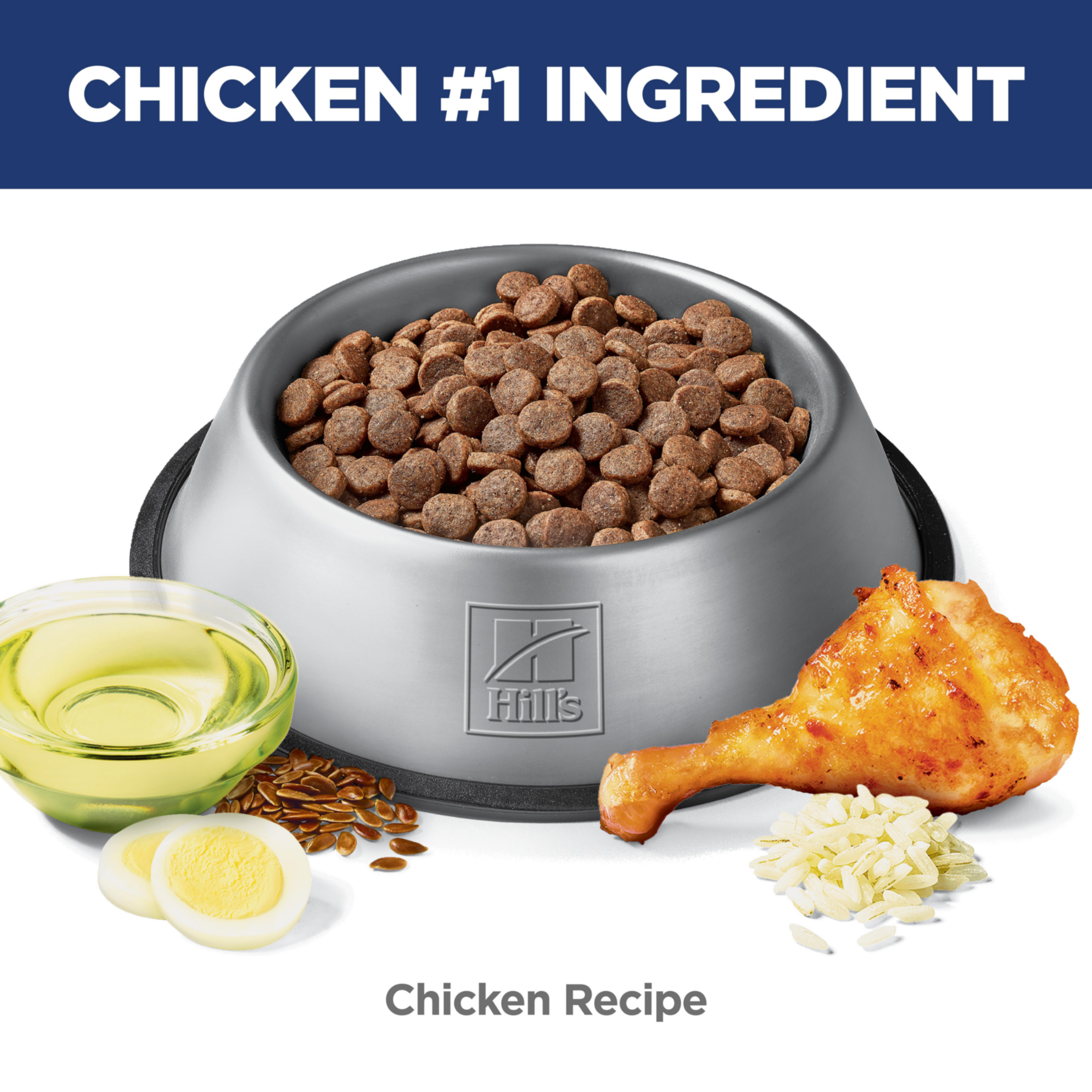 Chicken is the number one ingredient: bowl of Hill's Adult Sensitive Stomach and Skin chicken recipe kibble