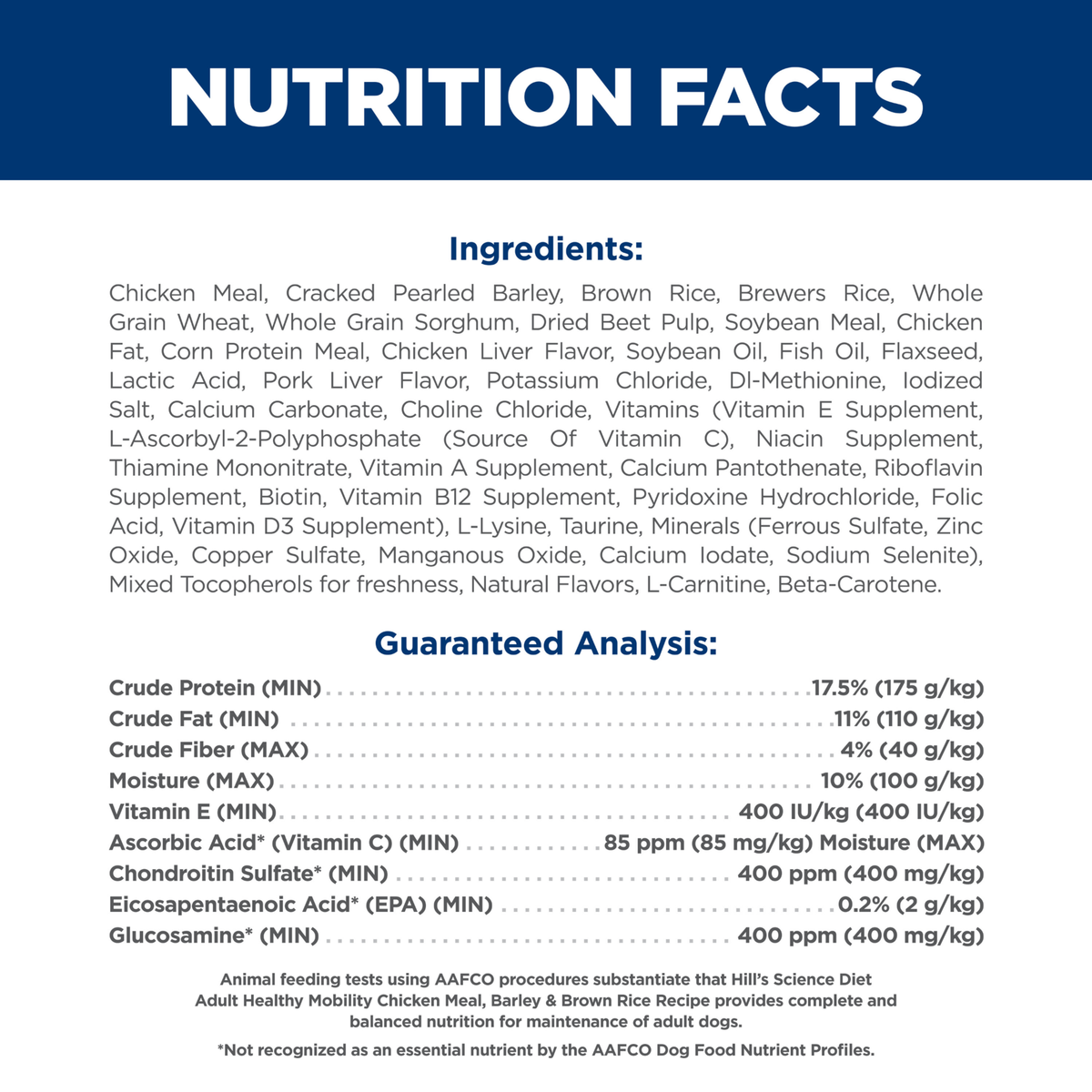 Ingredients and guaranteed analysis panel for Hill's Adult Healthy Mobility dry dog food