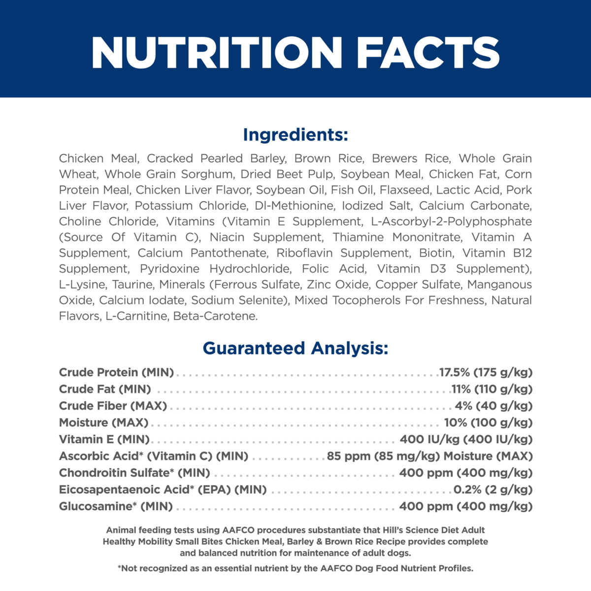 Ingredients and guaranteed analysis panel for Hill's Healthy Mobility Small Bites dry dog food