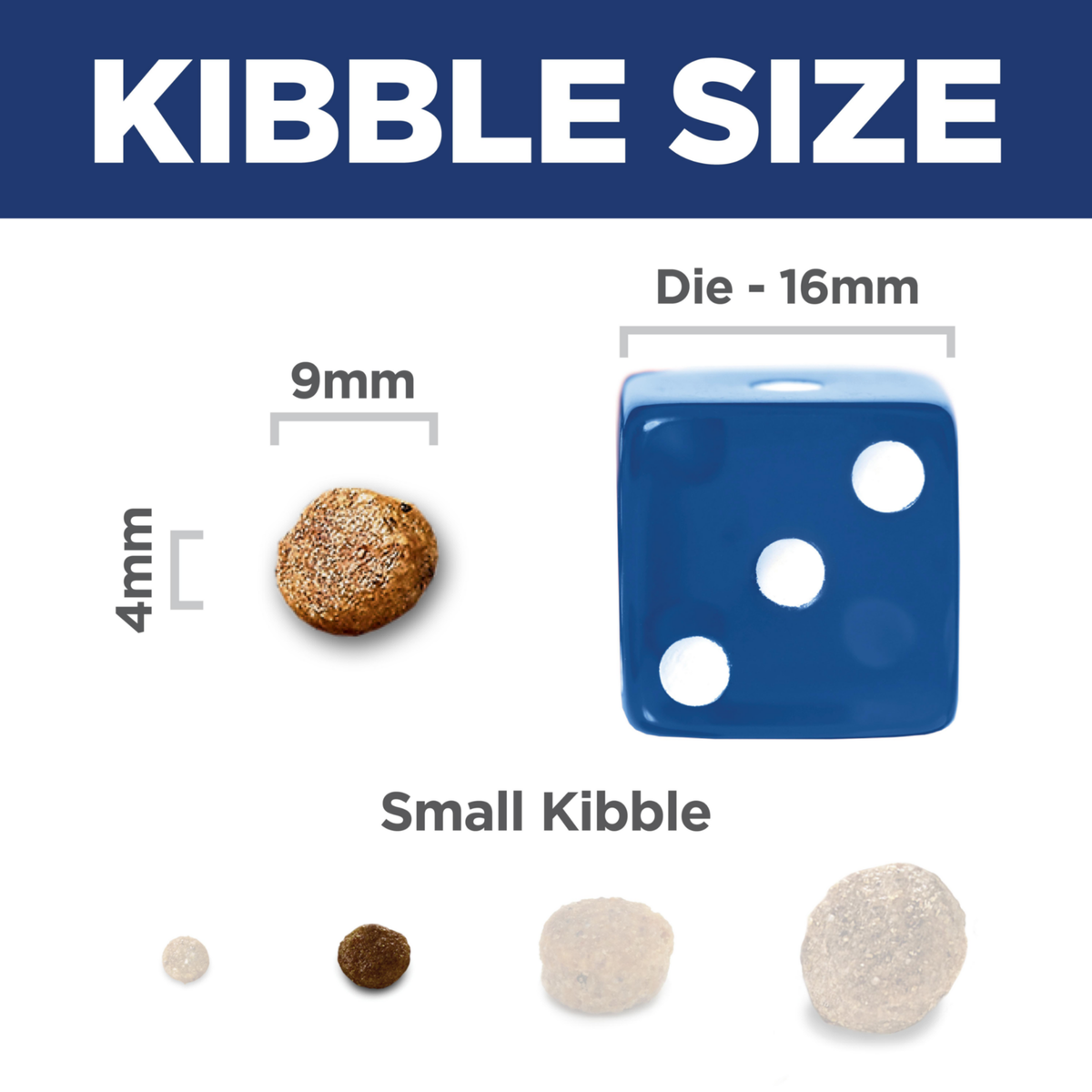 Kibble size comparison: 9mm by 4mm Hill's Healthy Mobility Small Bites kibble beside a 16mm dice