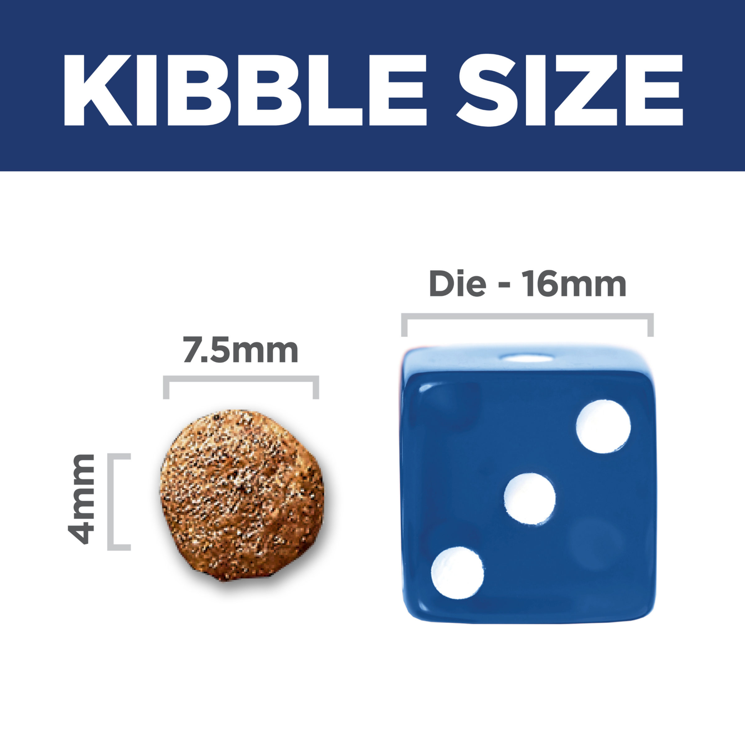 Kibble size comparison: 7.5mm by 4mm Hill's Sensitive Stomach and Skin Small & Mini kibble beside a dice