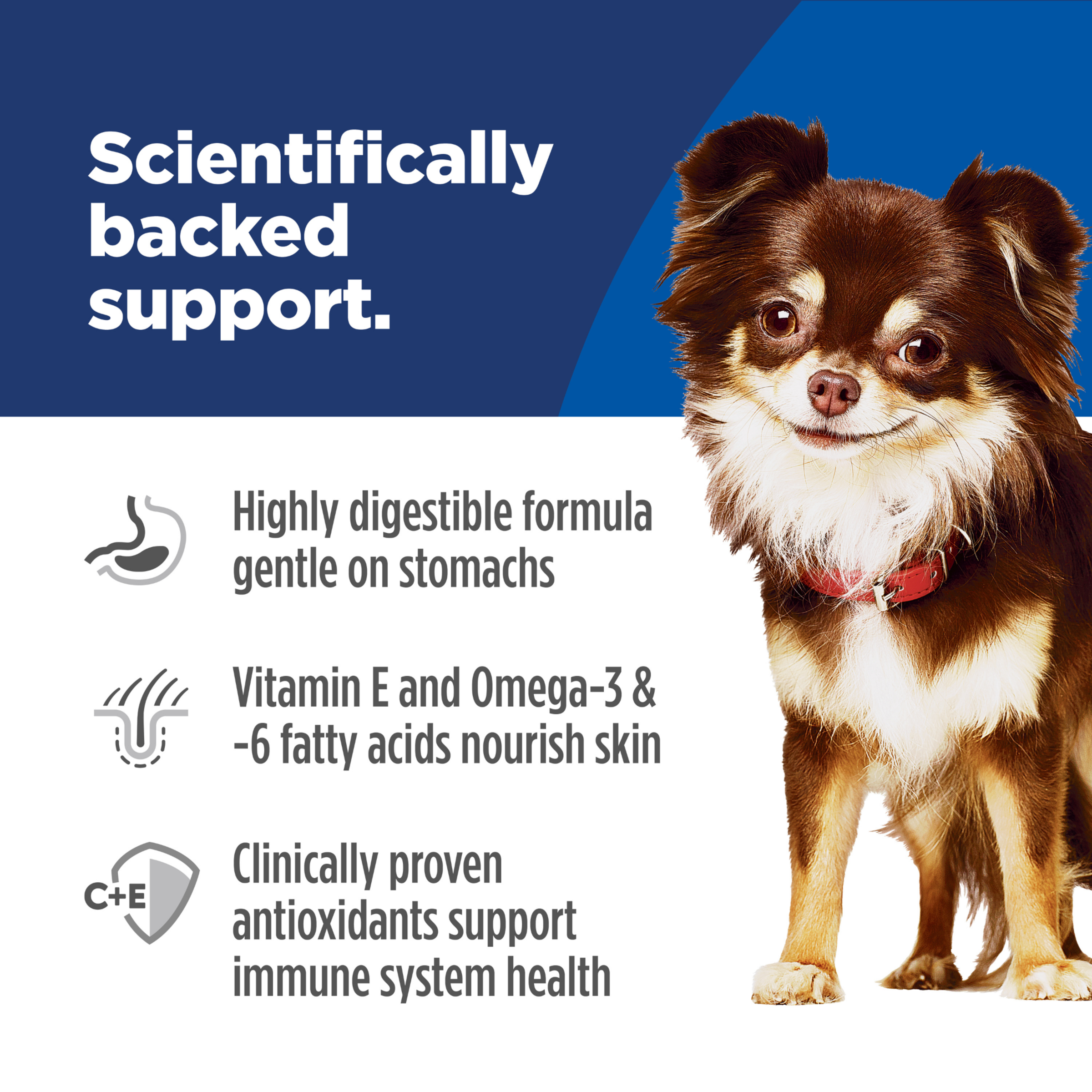 Scientifically backed support: digestible formula, vitamin E and omega fatty acids, antioxidants