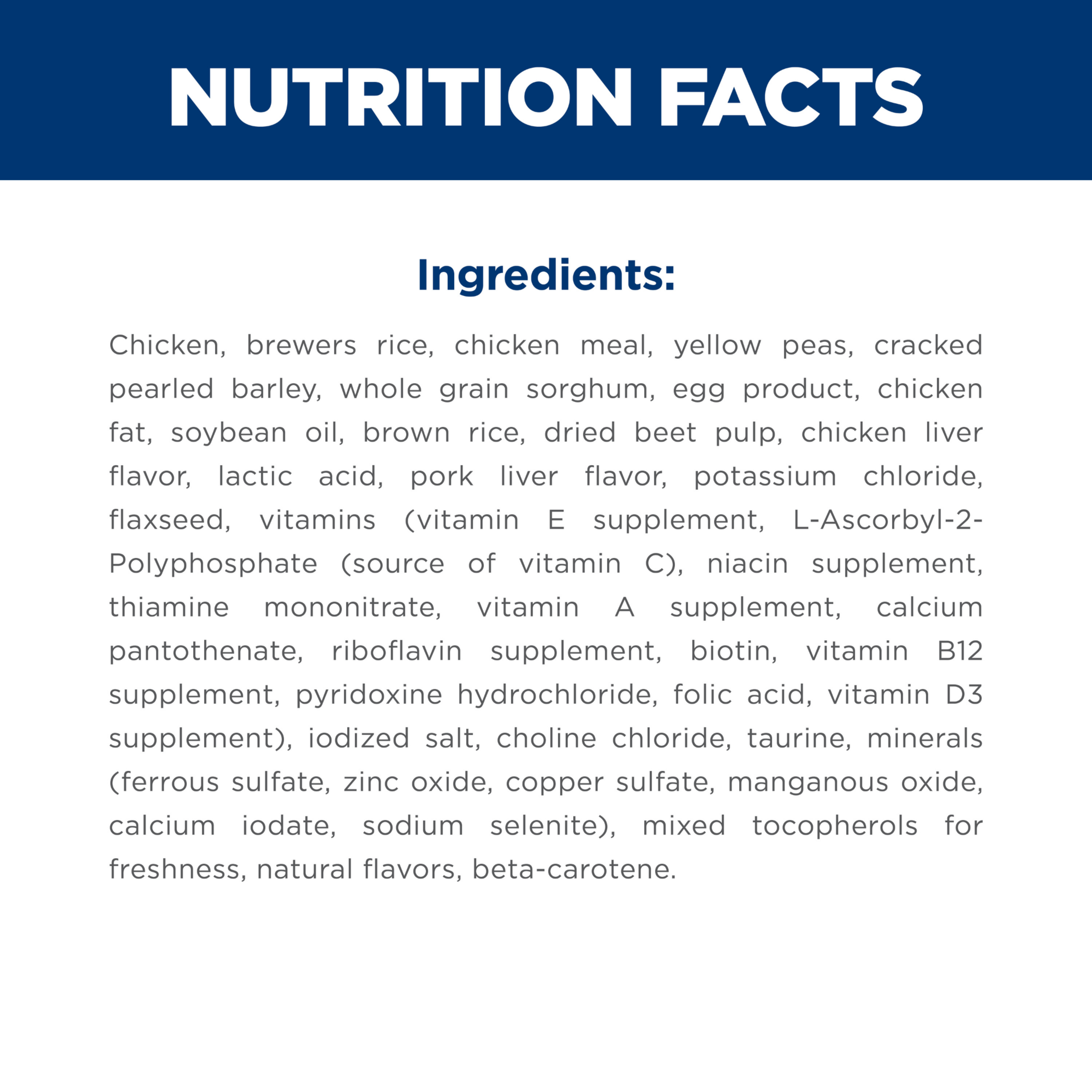 Ingredients panel for Hill's Adult Sensitive Stomach and Skin Small & Mini chicken recipe dog food