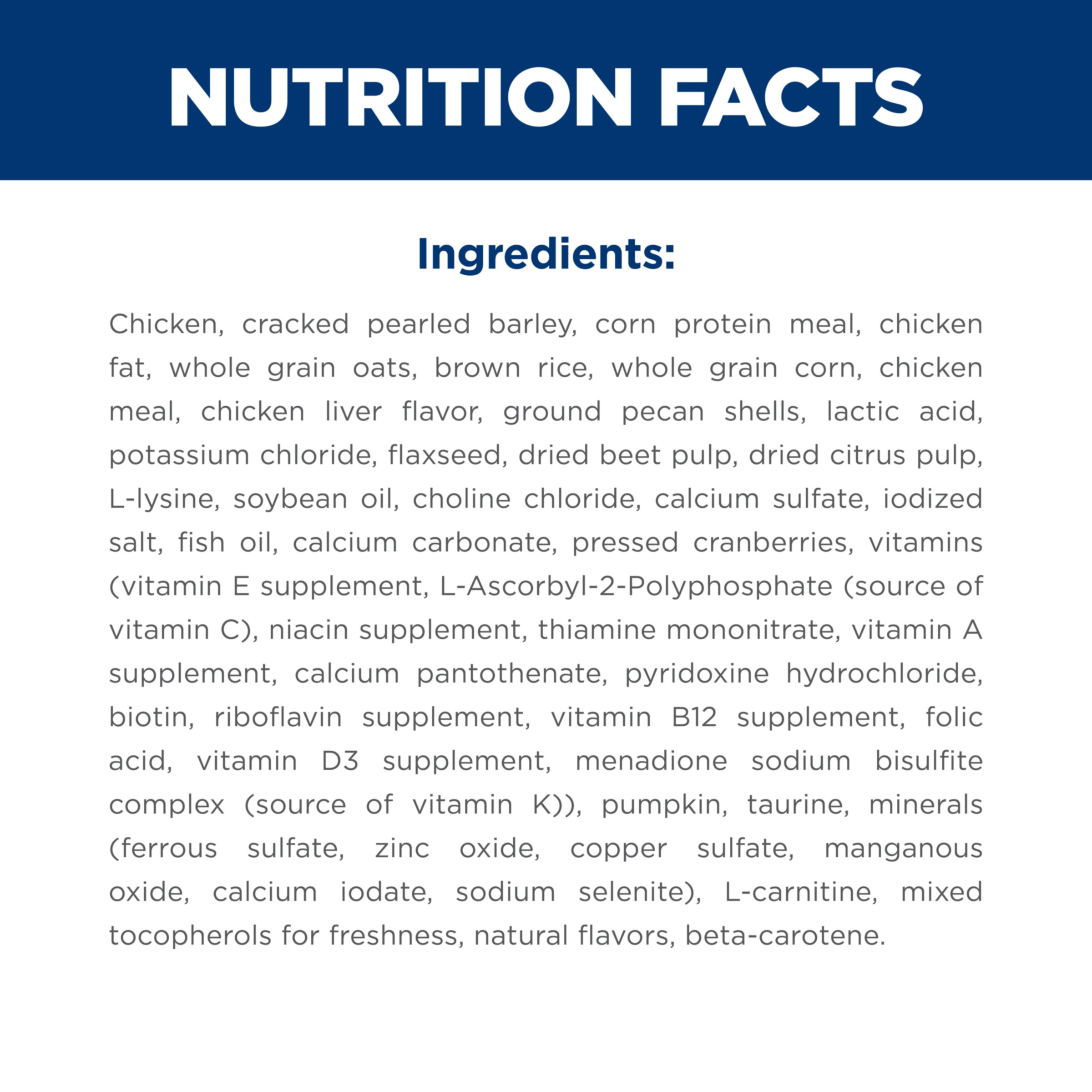 Ingredients panel for Hill's Science Diet Perfect Digestion Adult 7+ Chicken and Barley dry cat food