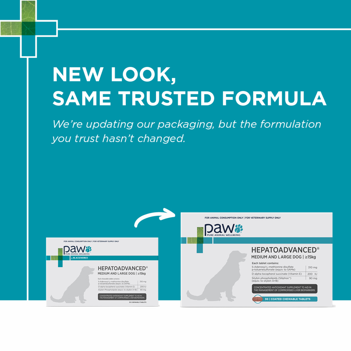 PAW HepatoAdvanced packaging update notice: new look, same trusted formula, old and new cartons