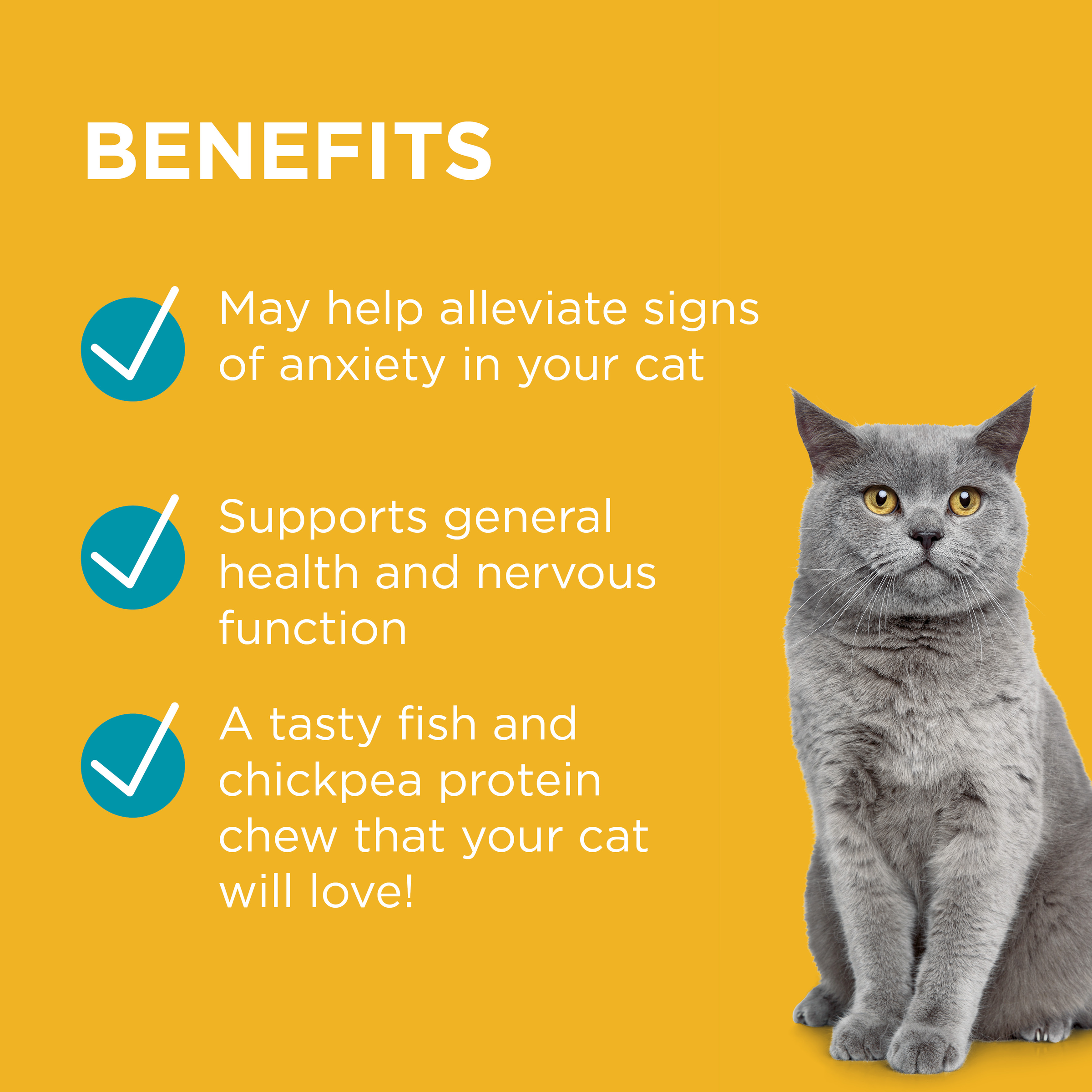 PAW Complete Calm for Cats benefits panel: anxiety, nervous function and a fish and chickpea chew