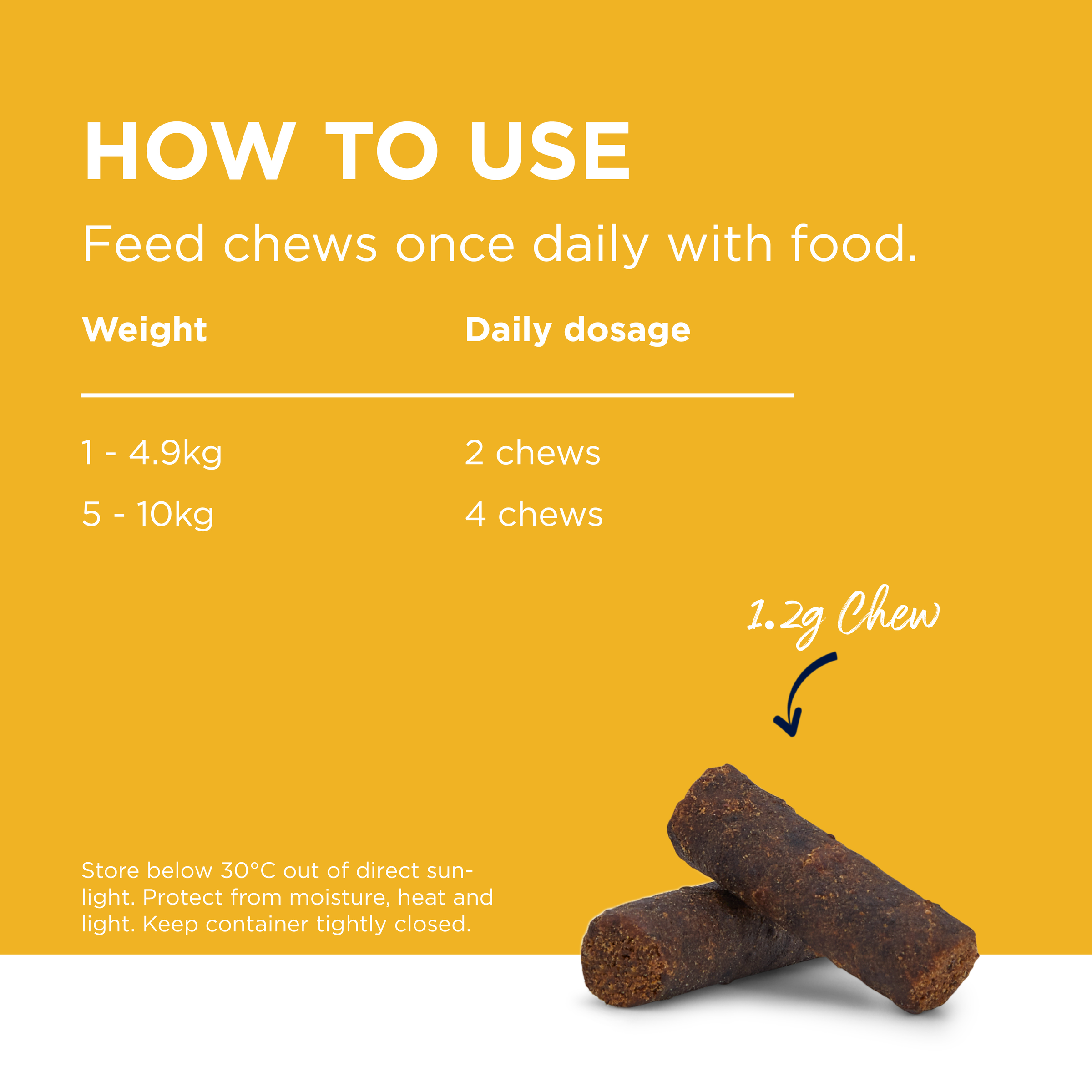 PAW Complete Calm for Cats how to use panel with the daily chew table by weight and two chews