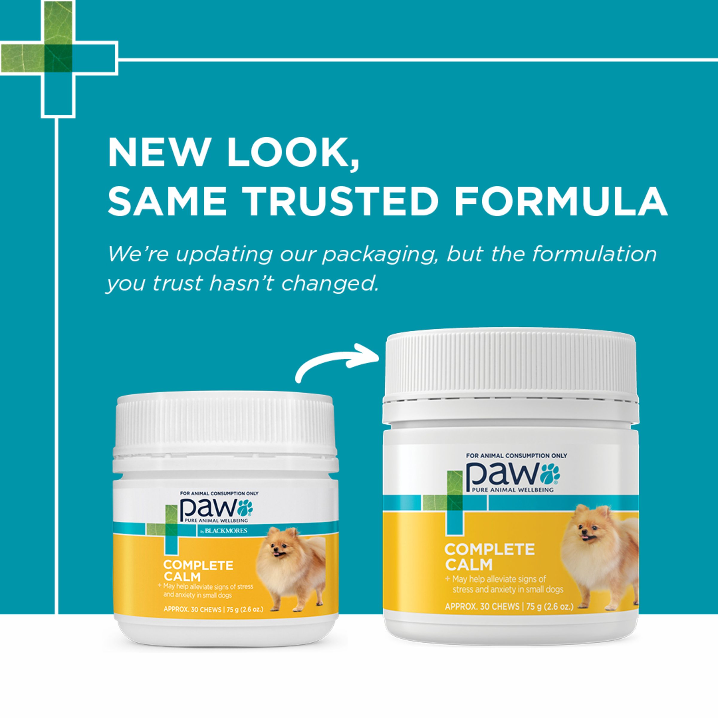 PAW Complete Calm for Small Dogs packaging update notice: new look, same trusted formula