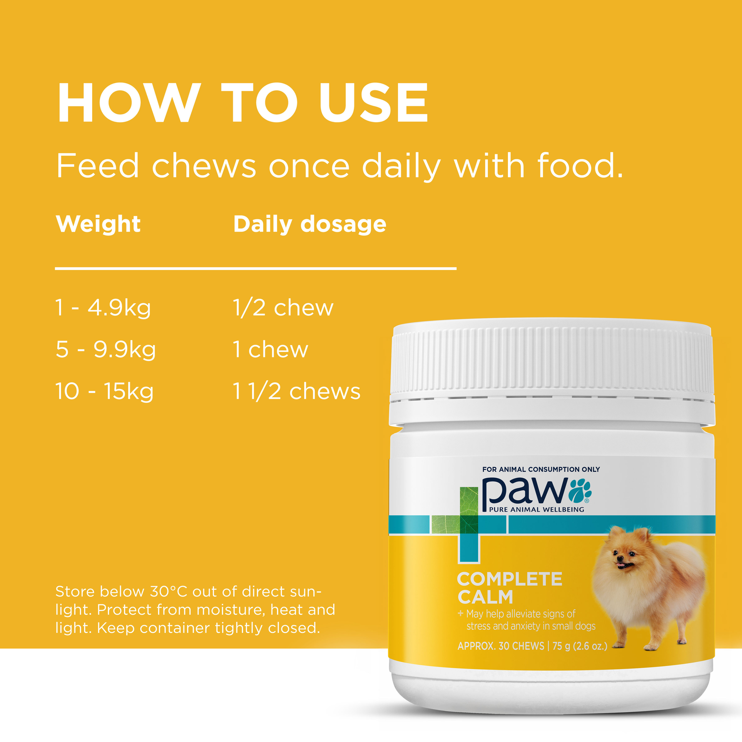 PAW Complete Calm for Small Dogs how to use panel with the daily chew table by weight