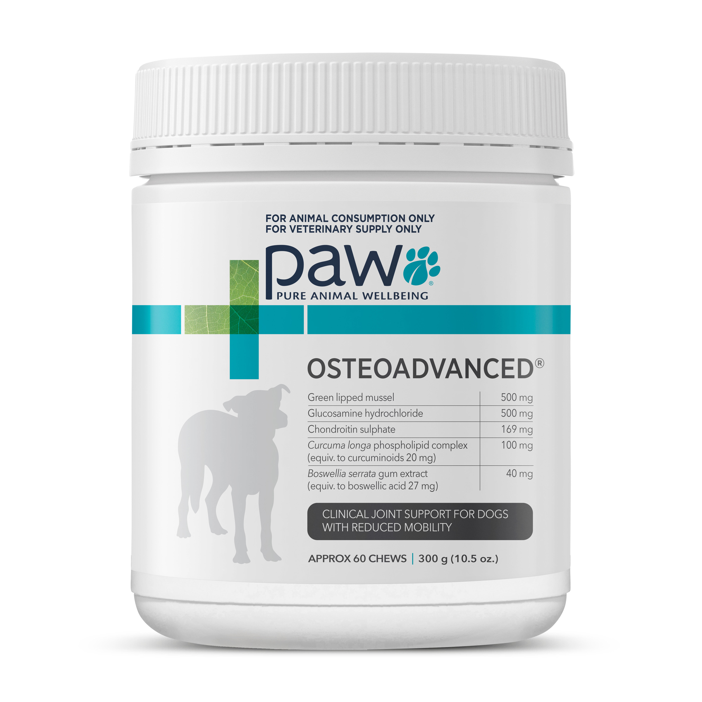 PAW OsteoAdvanced clinical joint support chews for dogs, white tub, front of pack