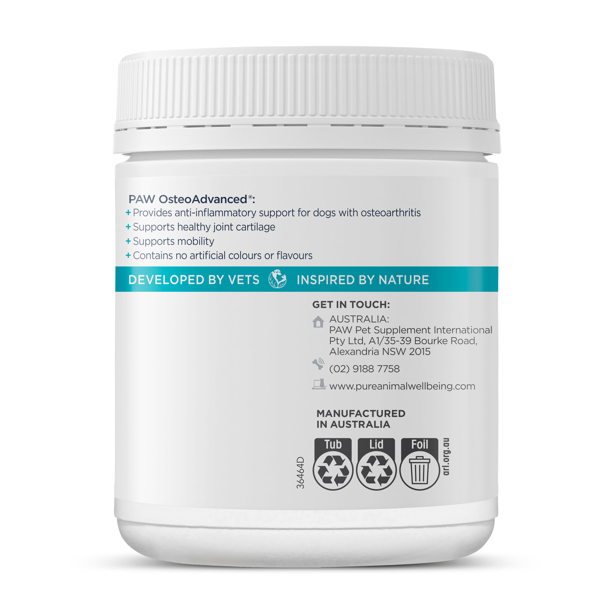 PAW OsteoAdvanced tub, back of pack with the chew description and contact details