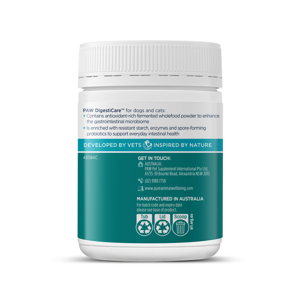 PAW DigestiCare tub, back of pack with the product summary and contact details