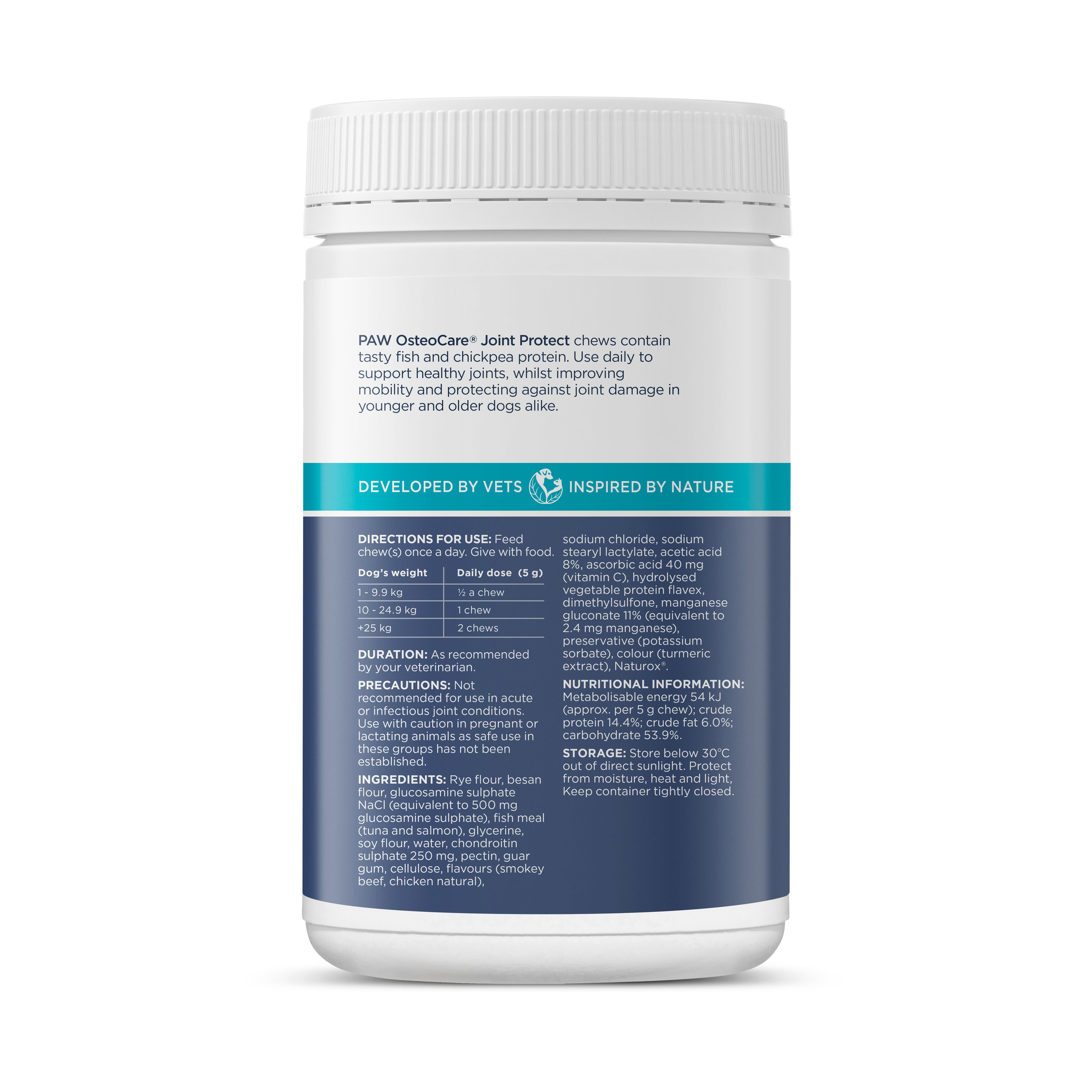 PAW OsteoCare Joint Protect tub, side of pack with directions, dosing table and ingredients