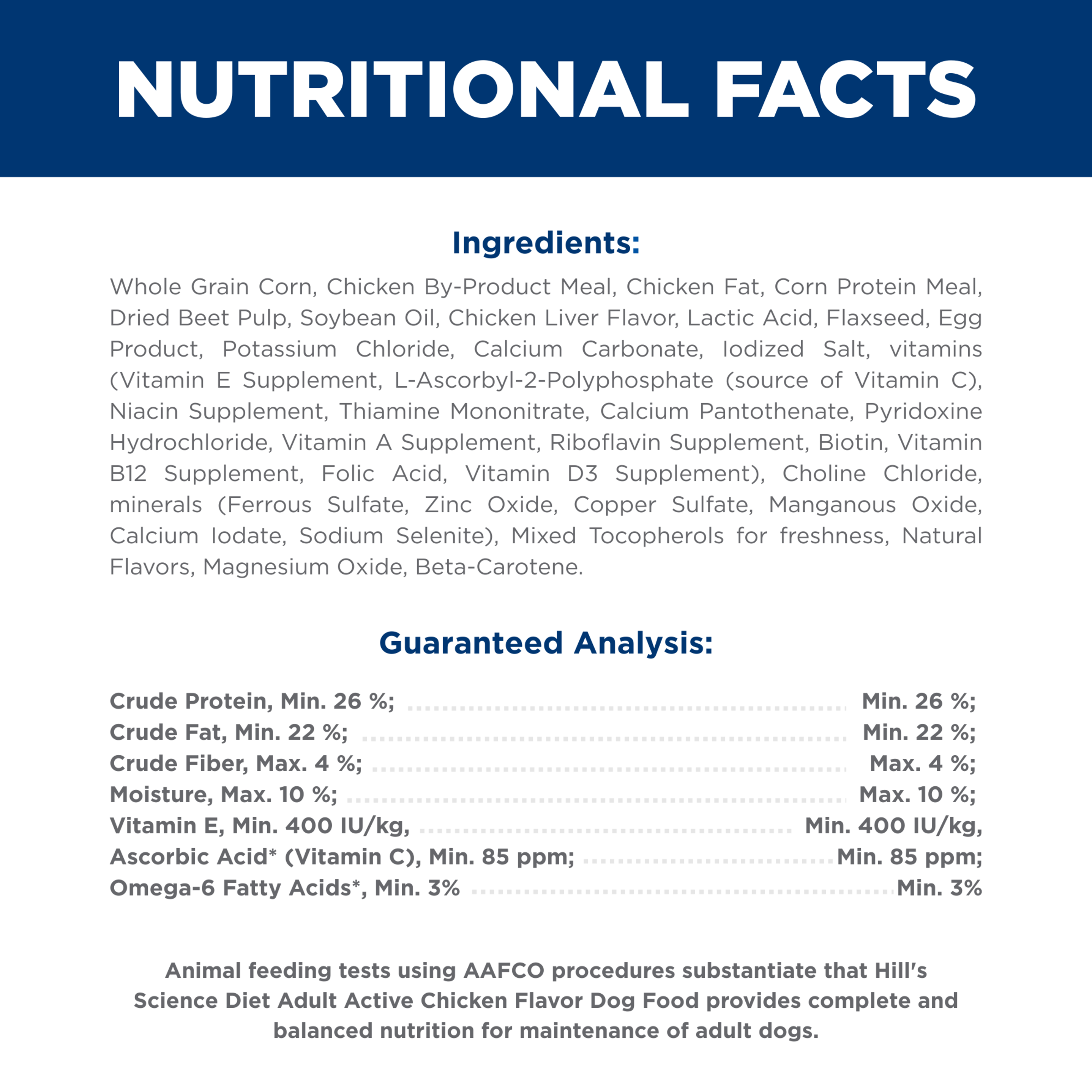 Ingredients and guaranteed analysis panel for Hill's Science Diet Adult Active dry dog food