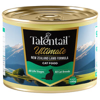 180g tin of Talentail Ultimate New Zealand Lamb Formula cat food, front label