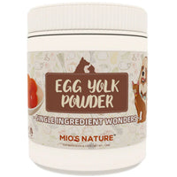 Front of the 120g Mio's Nature Egg Yolk Powder tub for dogs and cats, with egg yolks pictured on the label