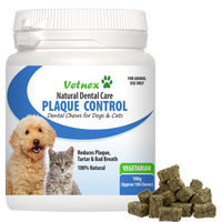 Vetnex Plaque Control Dental Chews Vegetarian, white tub with the green chews beside it