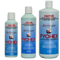 Three sizes of Dermcare Pyohex Medicated Shampoo standing side by side