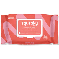 Squeaky Pet Probiotic Pet Wipes pack, coral fragrance-free design, angled