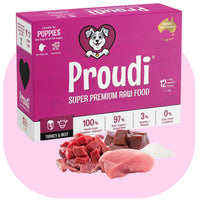 Proudi Turkey and Beef Raw Patties for Puppies, 1.2kg box of frozen raw puppy food