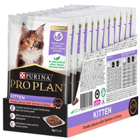 PRO PLAN Kitten Tender pieces with Salmon in Gravy carton with the twelve 85g pouches fanned out