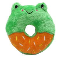 Zippy Paws Donutz Buddies plush dog toy: a green frog donut with orange icing