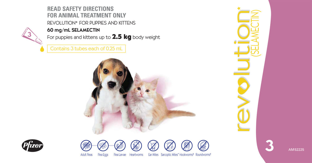 Revolution Spot-On for Puppies and Kittens up to 2.5kg mauve pack, 3 tube carton