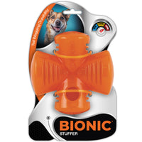 Bionic Stuffer, orange cross-shaped rubber dog toy on its blister card