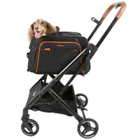 Ibiyaya JetPaw 3-in-1 pet stroller in black with a tan handle and a small dog riding inside