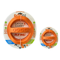 Two round Doggi Catch and Carry retail packs of the Float and Fly ring toy, marked Fly Me