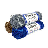 Two rolled Dirty Dog Doormats in grey and blue with their label bands