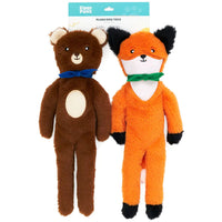 Zippy Paws Fluppy Peltz plush dog toys: a brown bear and an orange fox