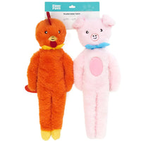 Zippy Paws Fluppy Peltz chicken and pig plush dog toys on their retail header card