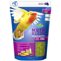 Vetafarm Nutriblend mini pellets complete parrot diet, 350g bag with lovebird artwork