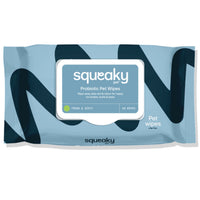 Squeaky Pet Probiotic Pet Wipes Fresh and Zesty pack, blue design, angled