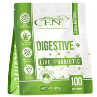 Green 500g bag of Cen Digestive+ Live Probiotic for dogs, front of pack