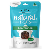 The Pet Project Natural Treats Roo Tendon, 80 g teal resealable pouch, front of pack