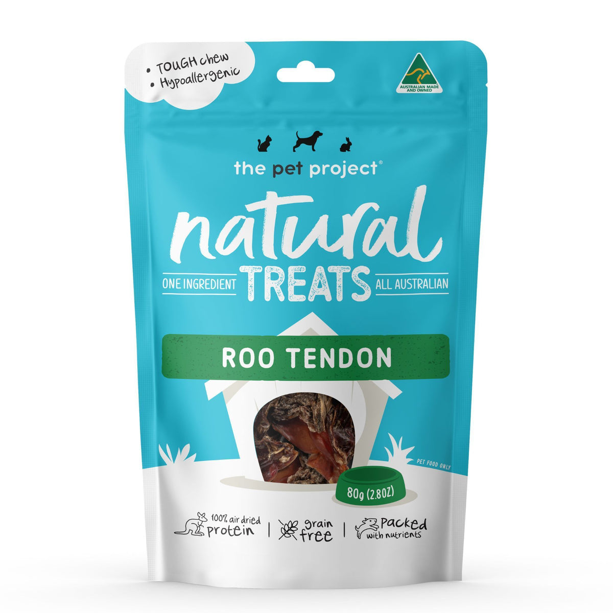 The Pet Project Natural Treats Roo Tendon, 80 g teal resealable pouch, front of pack