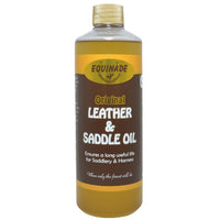 Equinade Original Leather and Saddle Oil in a 500ml amber bottle with a gold cap