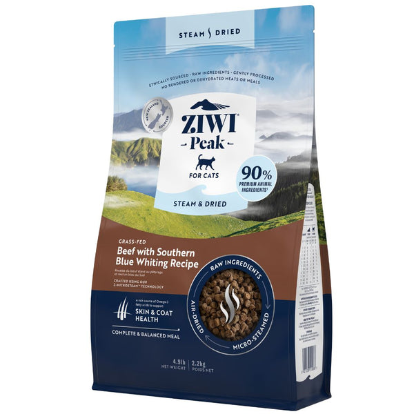 Ziwi Peak Steam and Dried Cat Food Grass-Fed Beef with Southern Blue Whiting - 2.2kg   | PeekaPaw Pet Supplies