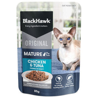 Black Hawk Original Mature 7+ Chicken & Tuna chunks in gravy cat pouch, 85g, front