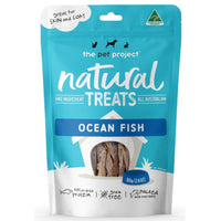 The Pet Project Natural Treats Ocean Fish, 80 g teal resealable pouch, front of pack
