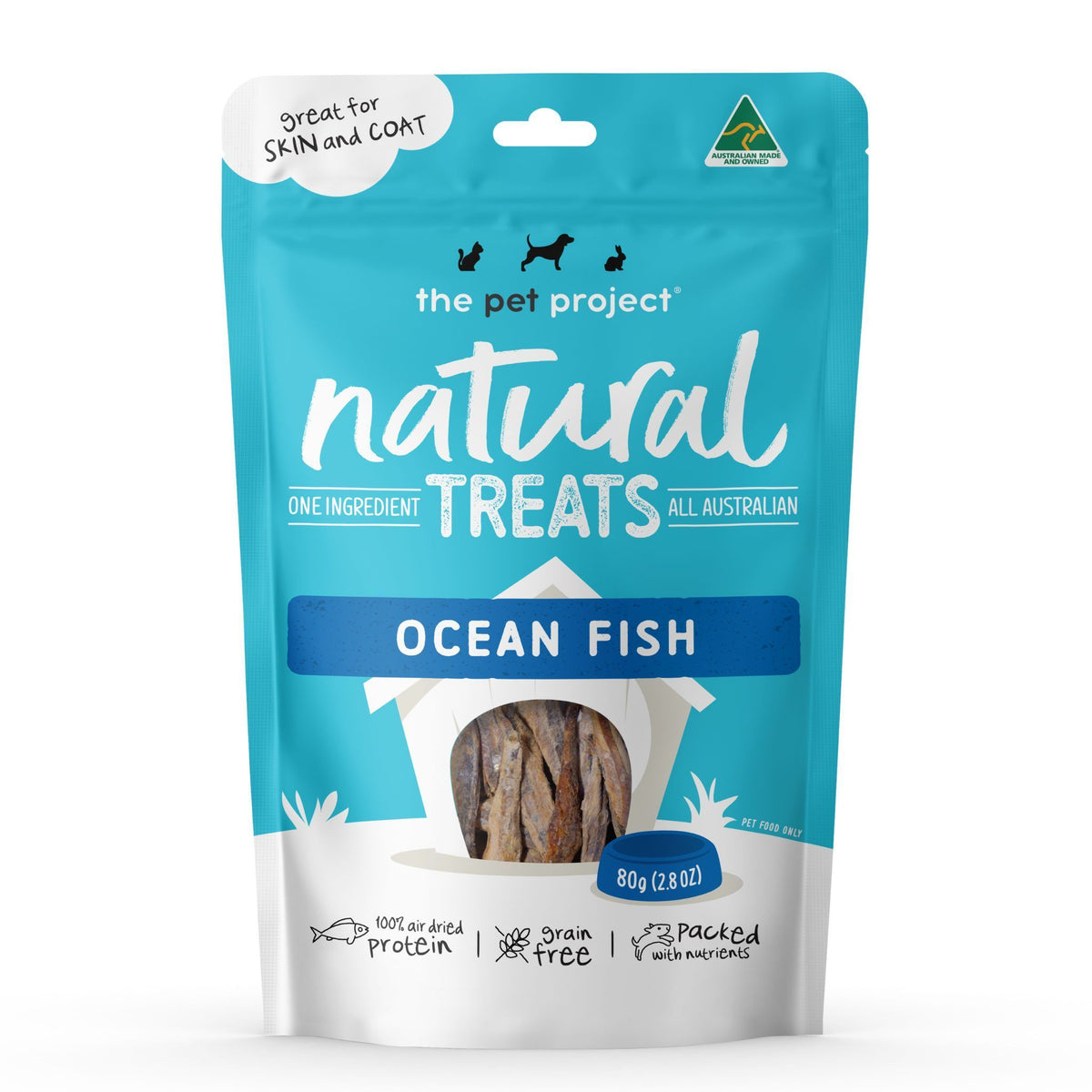 The Pet Project Natural Treats Ocean Fish, 80 g teal resealable pouch, front of pack